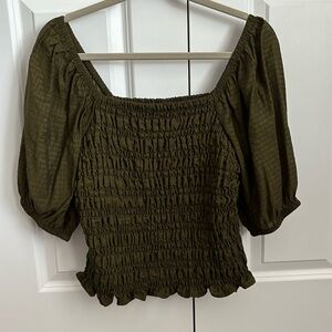 Green or Black Puff Sleeve Ruched Blouse